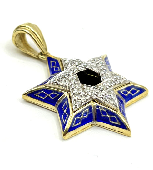 14K Gold & Diamond With Blue Enamel Star of David Necklace